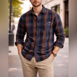 Vintage Men's Blue and Brown Plaid Shirt